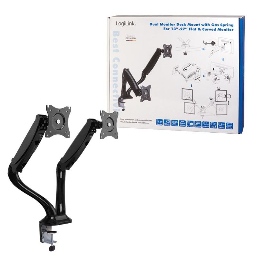 LogiLink 2-fach Monitorhalterung für 13–27" aus Stahl mit Gasdruckfeder in Schwarz VESA