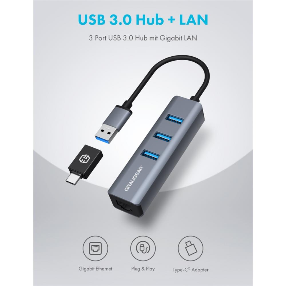 GRAUGEAR 3 Port USB HUB mit Gigabit LAN inkl. USB-C zu USB-A Adapter Erweiterung Aluminium Gehäuse