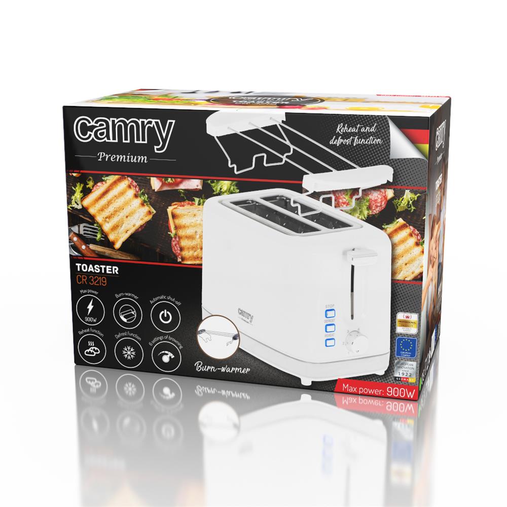 Camry CR 3219 2-Scheiben-Toaster Weiß Brötchenaufsatz Auftaufunktion Aufwärmfunktion 6 Stufen 900 W
