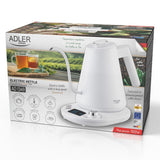 Adler AD 1349 Schwanenhals-Wasserkocher 1 L, elektrischer Schwanenhalskessel mit LED-Display, Temperaturregelung 40-100 °C, Warmhaltefunktion, 360° Basis, Weiß/Silber