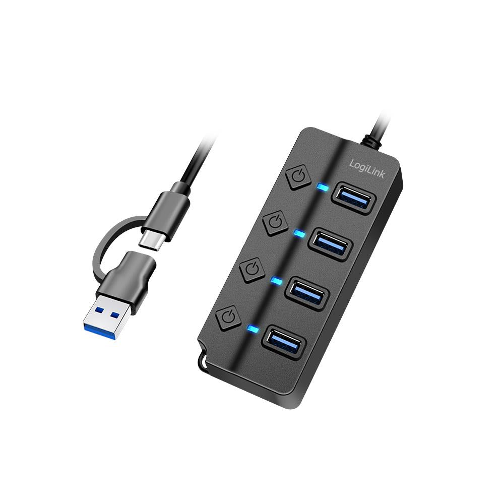 LogiLink USB 3.2 Gen1 Hub, 4 Ports mit Ein-/Aus-Schalter, Schwarz
