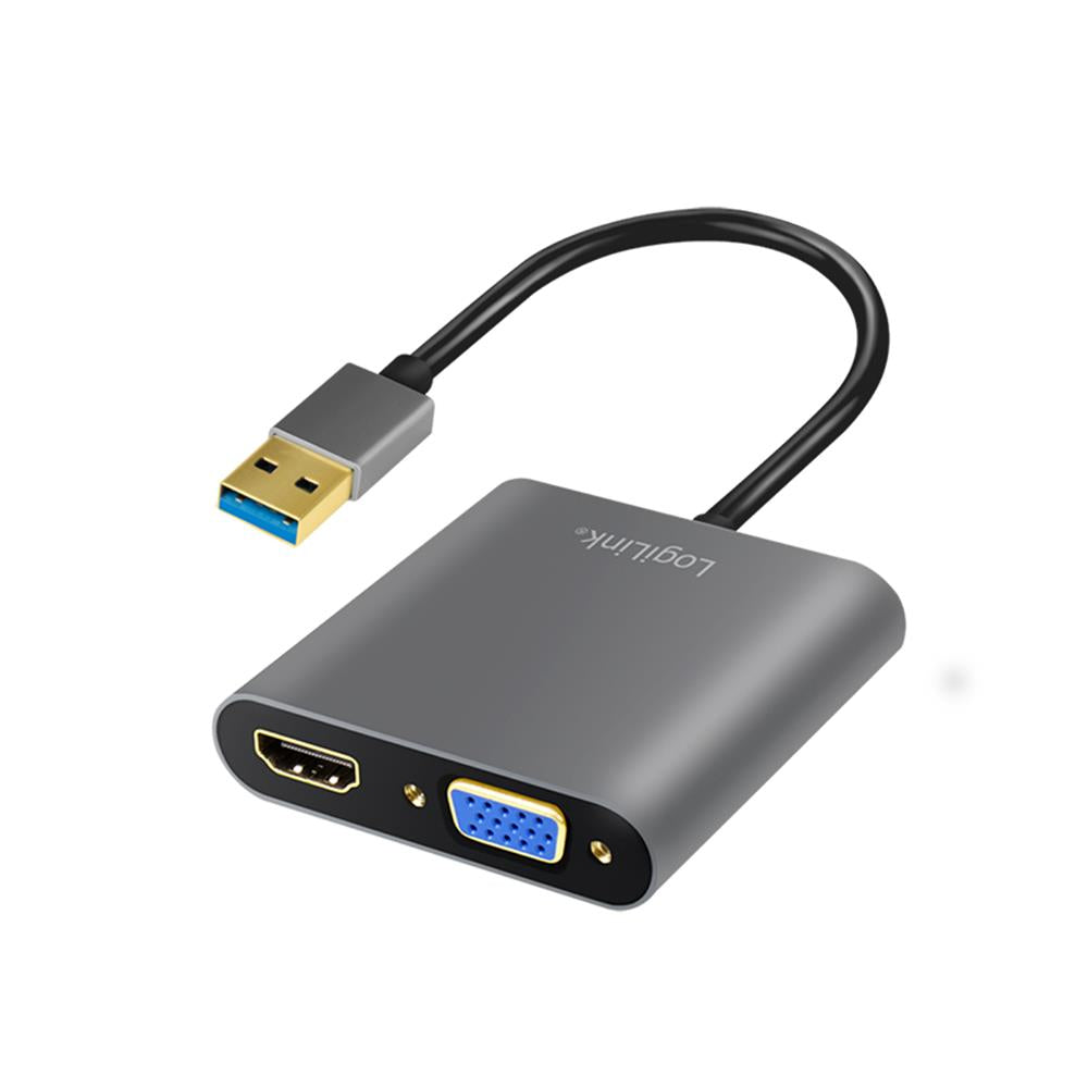 LogiLink USB 3.0-Adapter USB-A/M zu HDMI-A/F + VGA/F, 1080p, schwarz, 0,15 m