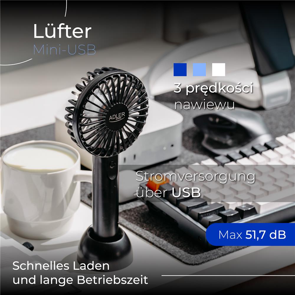 Adler AD 7338 Mini-USB-Ventilator schwarz – Kompakt & mobil für unterwegs