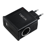 LogiLink Steckdosenadapter mit 2x USB-Ports und Zigarettenanzünderbuchse, 12W