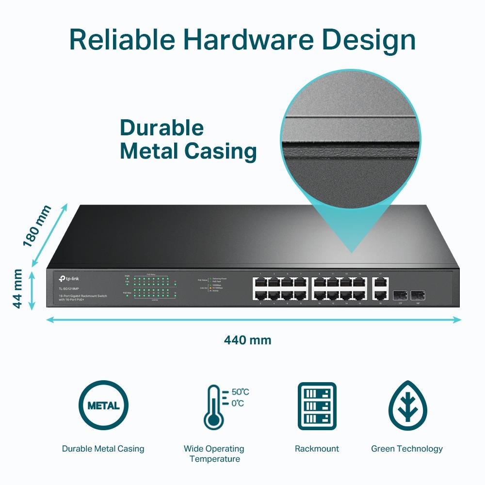 TP-Link TL-SG1218MP 18-Port Gigabit Rackmount Switch mit 16× PoE+ Ports, 250W PoE-Budget