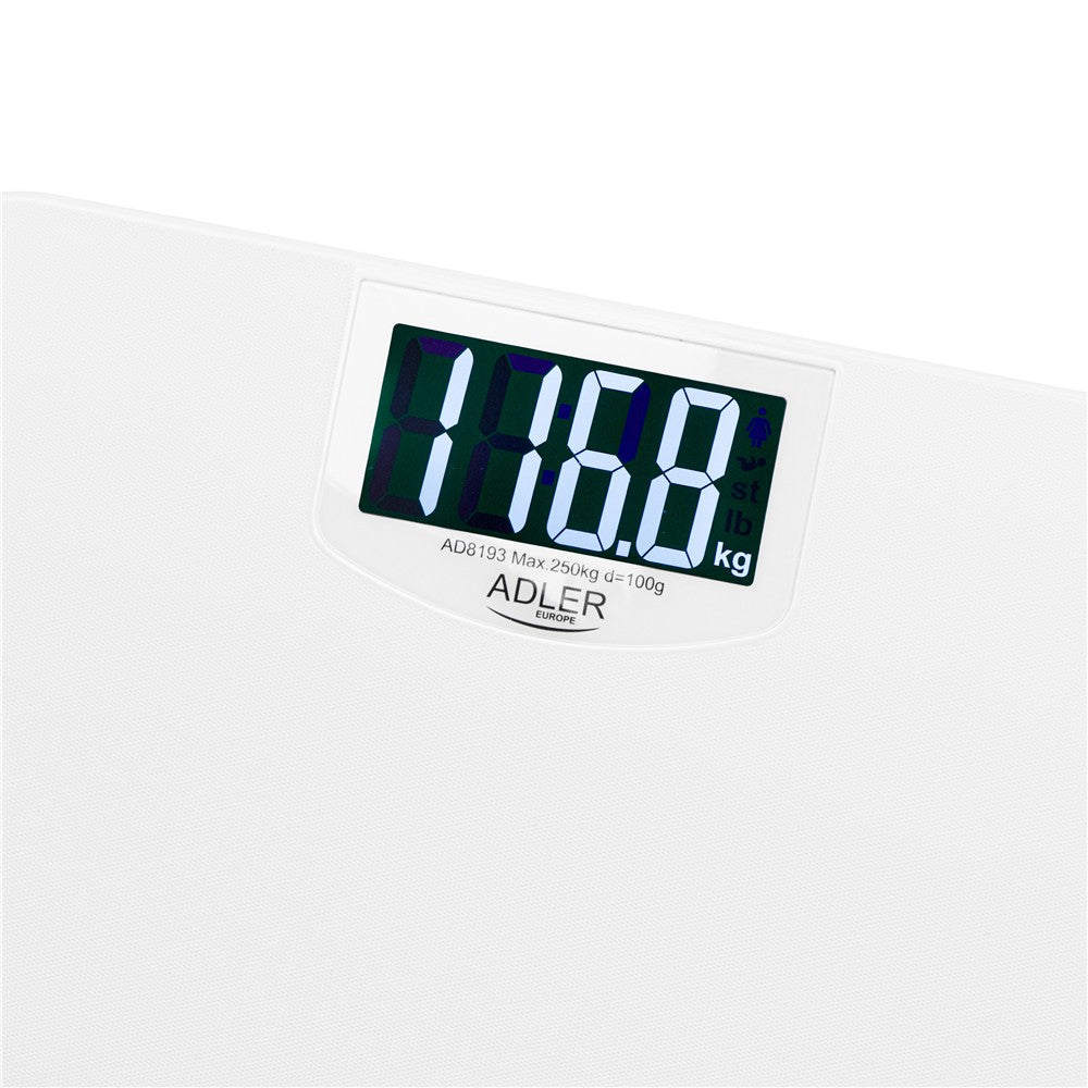 ADLER EUROPE AD 8193W Personenwaage bis 250 kg, digitale Badezimmerwaage mit LCD-Display, 100 g Teilung, ABS-Gehäuse, rutschfeste Füße