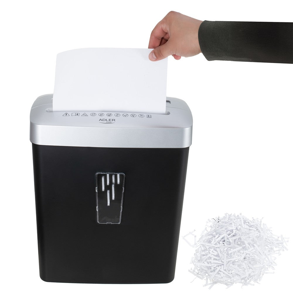 Adler AD 1037 Aktenvernichter P-4, Dokumentenschredder für Büro und Homeoffice, 6 Blatt A4, 13 L Behälter, Kreditkarten, CD/DVD, Rücklauf, Schwarz Silber