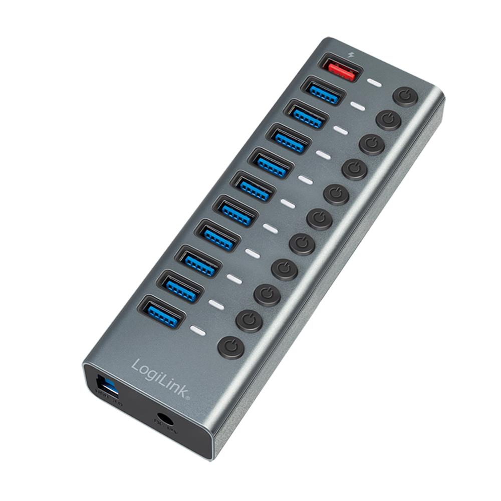 LogiLink USB 3.2 Gen 1 Hub, 10 Ports + 1x Schnell-Ladeport, Ein/Aus-Schalter