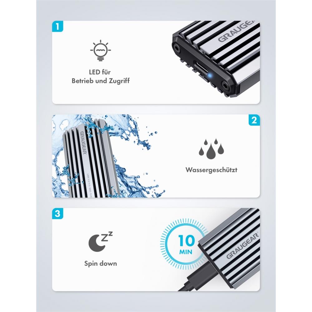 GRAUGEAR USB Type-C Gehäuse für M.2 NVMe SSD, Wassergeschütztes Aluminiumgehäuse