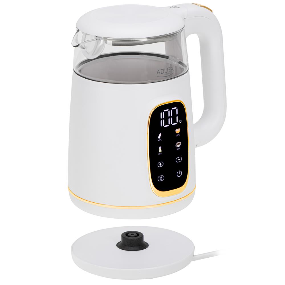 Adler AD 1305 Glas-Wasserkocher 1,7 L mit Temperaturwahl 40–100°C, LED-Display, Warmhaltefunktion 2 Std., 2200 W, Touch-Bedienung weiß gold