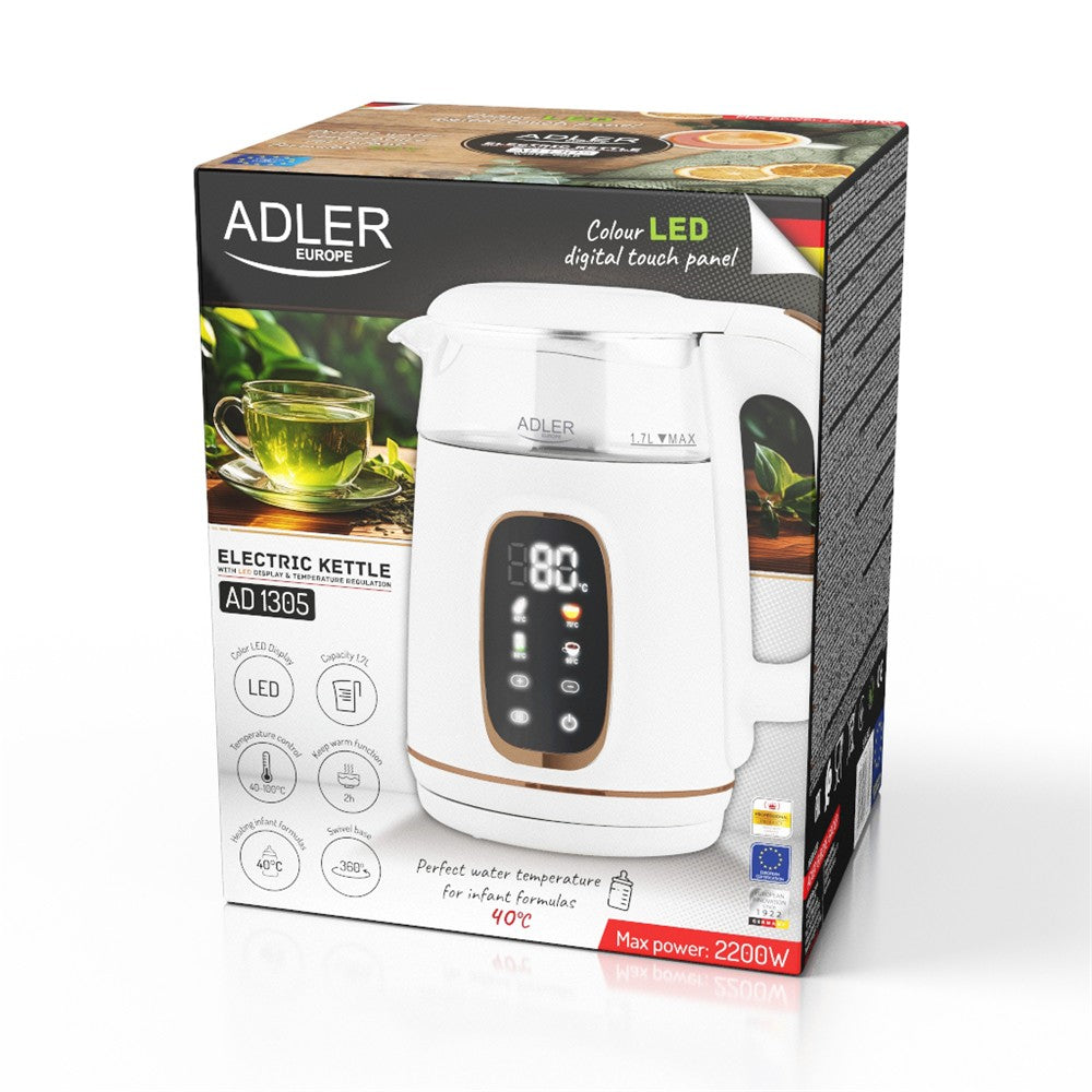 Adler AD 1305 Glas-Wasserkocher 1,7 L mit Temperaturwahl 40–100°C, LED-Display, Warmhaltefunktion 2 Std., 2200 W, Touch-Bedienung weiß gold