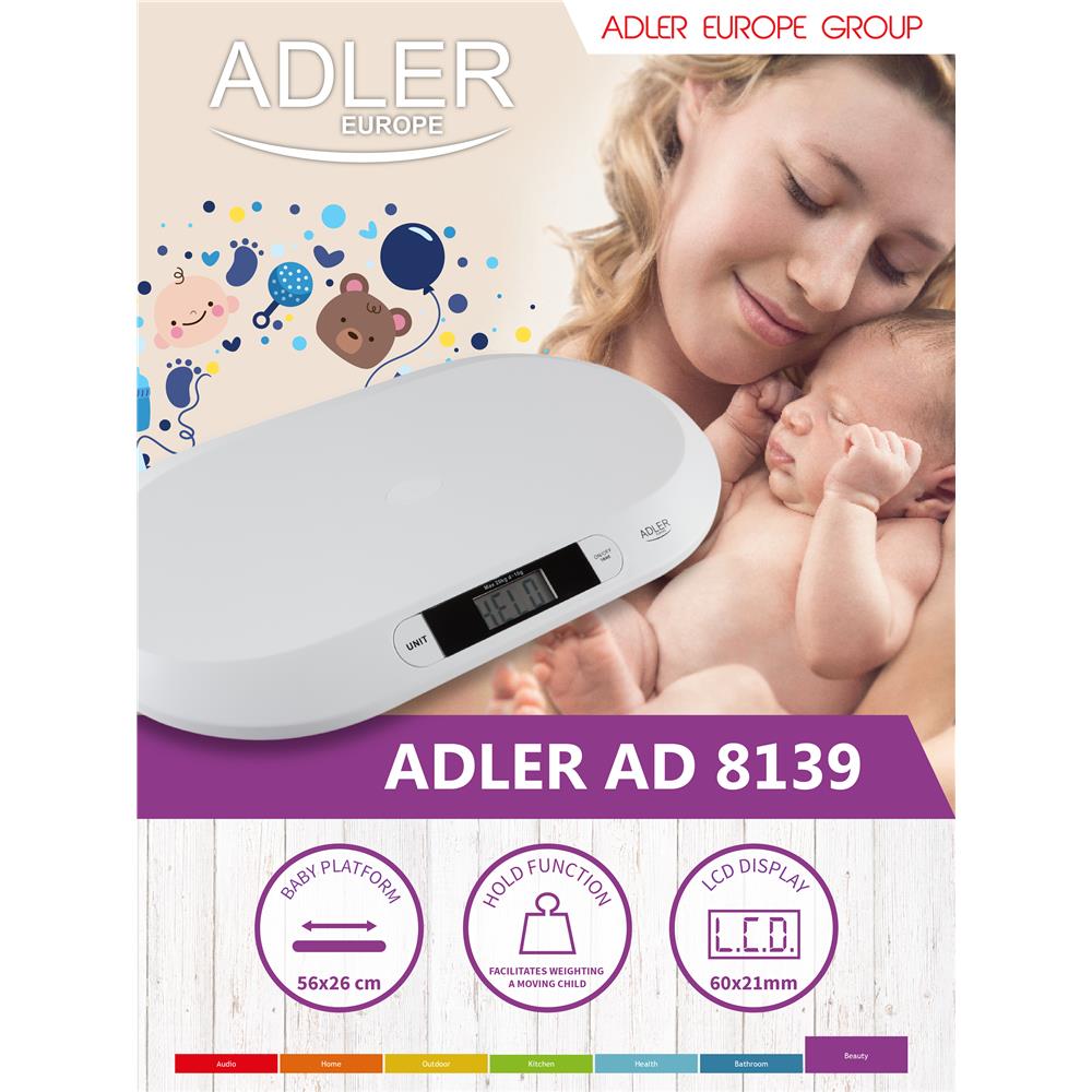 Adler AD 8139 Babywaage bis 20kg in Weiß, mit LCD-Display, Haltefunktion und Tara-Funktion