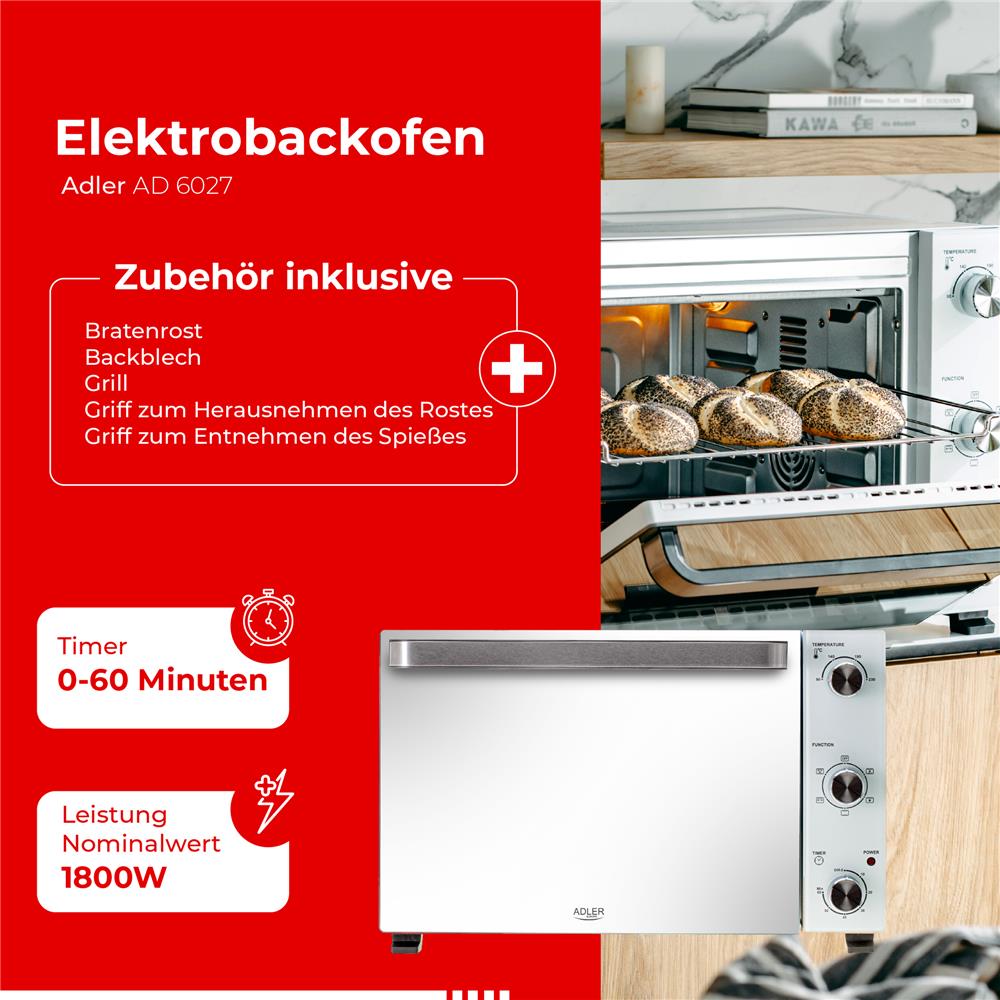 Adler AD 6027 Elektrobackofen 48L Mini Backofen Umluft Timer Drehspieß weiß