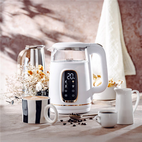 Adler AD 1305 Glas-Wasserkocher 1,7 L mit Temperaturwahl 40–100°C, LED-Display, Warmhaltefunktion 2 Std., 2200 W, Touch-Bedienung weiß gold
