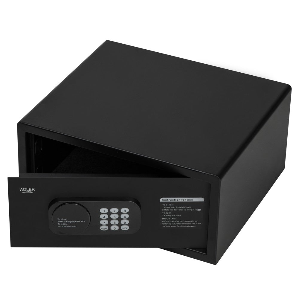 Adler AD 1045 Tresor 14 L, Möbeltresor mit Zahlencode, elektronischem Schloss, Notschlüssel, Alarmfunktion, Dokumententresor für Zuhause Hotel Büro, Schwarz
