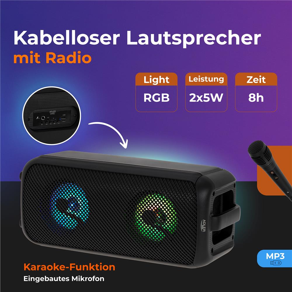 Adler AD 1903 Kabelloser Lautsprecher mit Radio Karaoke LED RGB beleuchtet schwarz