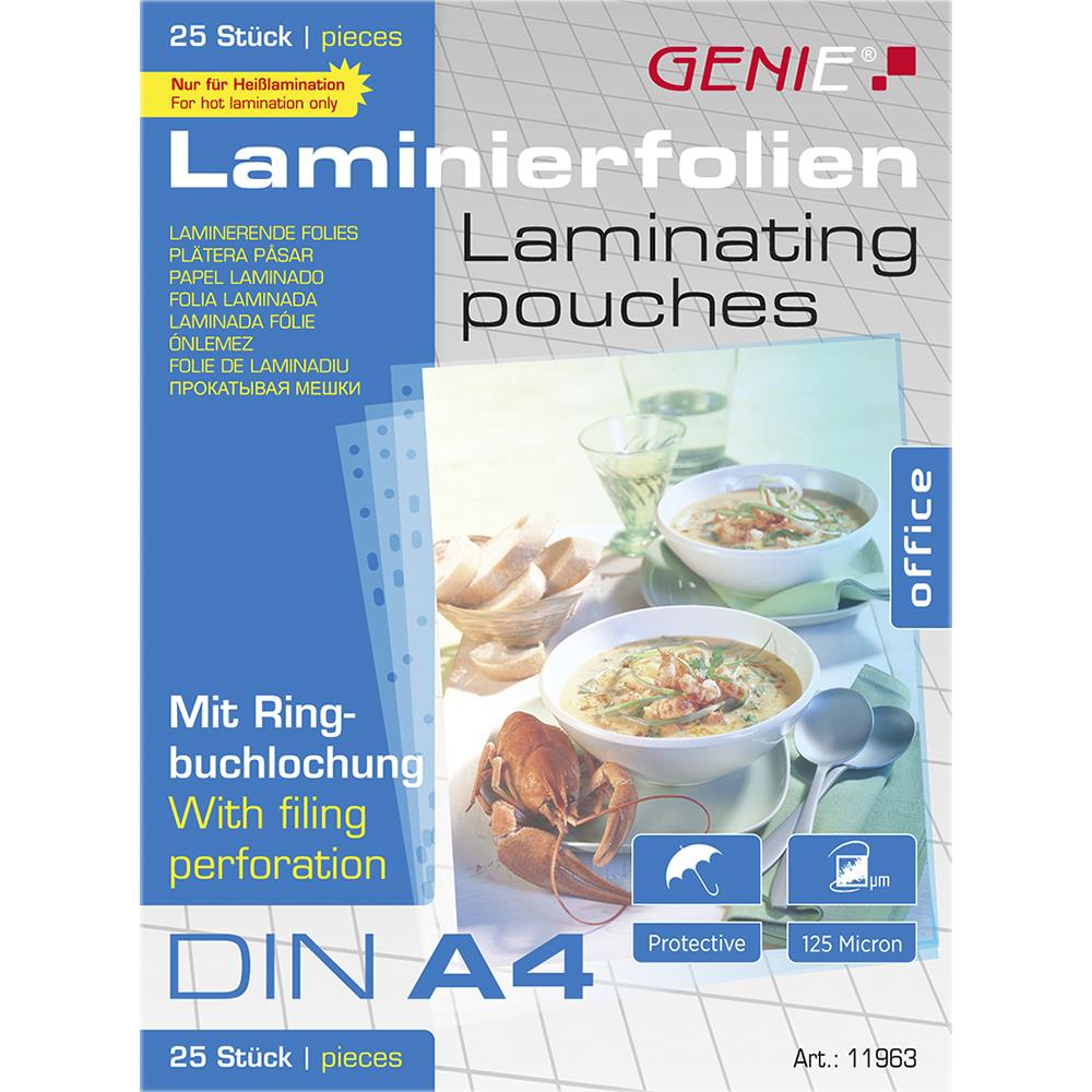 GENIE Laminierfolien DIN A4 mit Abheftrand Lochung 25er Pack