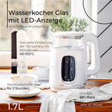 Adler AD 1305 Glas-Wasserkocher 1,7 L mit Temperaturwahl 40–100°C, LED-Display, Warmhaltefunktion 2 Std., 2200 W, Touch-Bedienung weiß silber