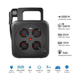 LogiLink Kabeltrommel 5 m, 4 Steckdosen, USB-A & USB-C, IP20, 3000 W