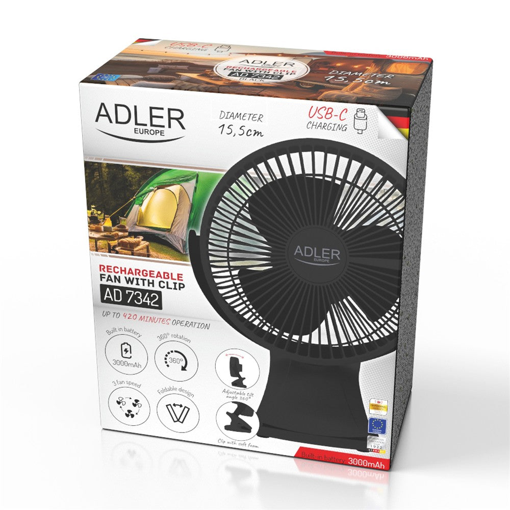 Adler AD 7342b Akku Ventilator mit Clip, USB Tischventilator 15,5 cm, Camping Ventilator, Clip Ventilator für Schreibtisch, Wohnmobil, Zelt und Büro, Schwarz