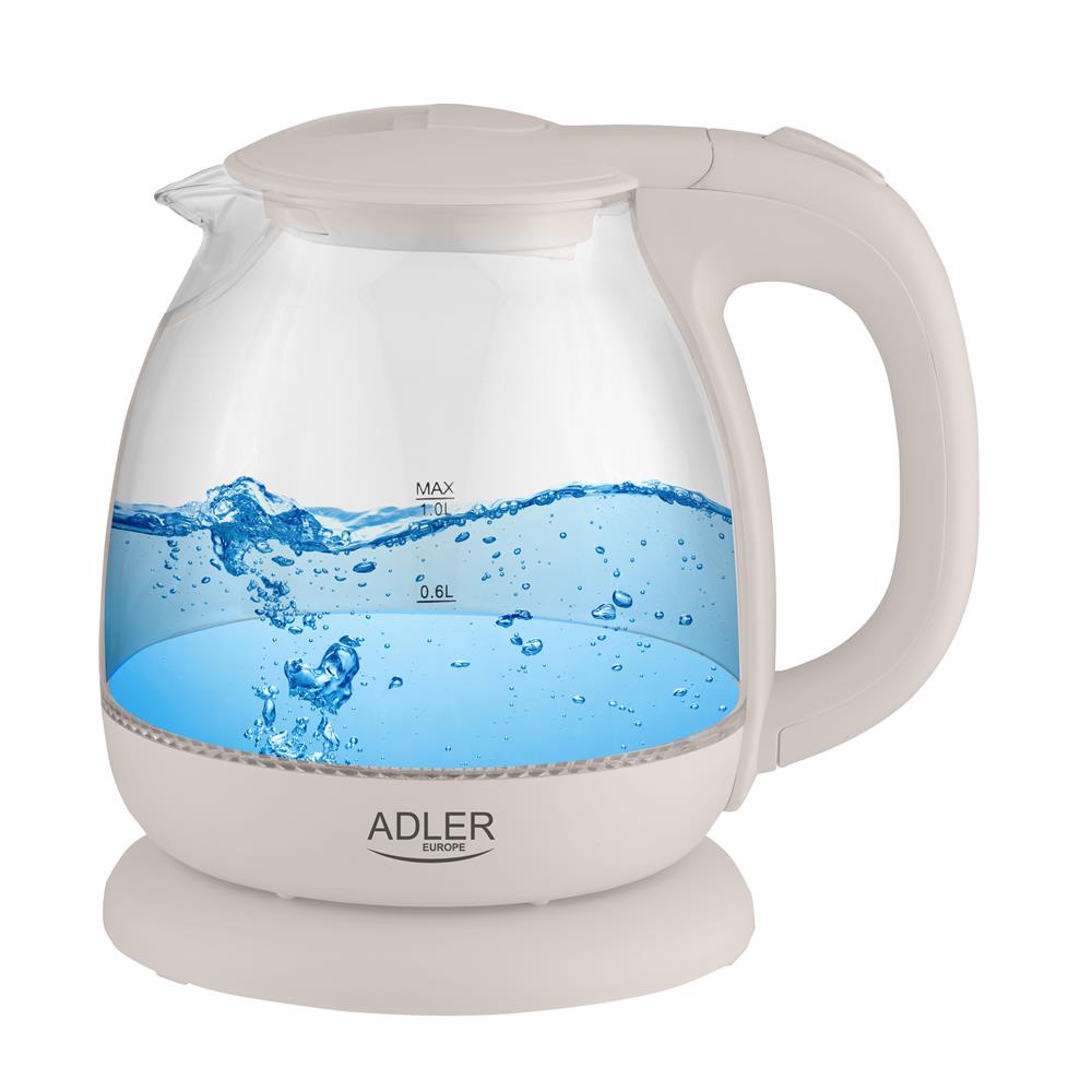 Adler AD 1283C Glaswasserkocher in Beige, 1 Liter, 1100 Watt, mit LED-Beleuchtung