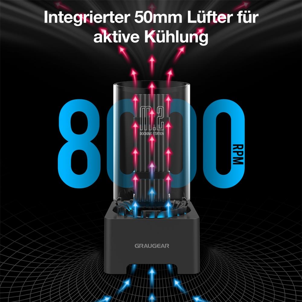 GRAUGEAR Dockingstation USB-C für M.2 NVMe NGFF SSD RTL9210B Chipsatz USB 3.2 10 Gbit/s leiser 50 mm Lüfter