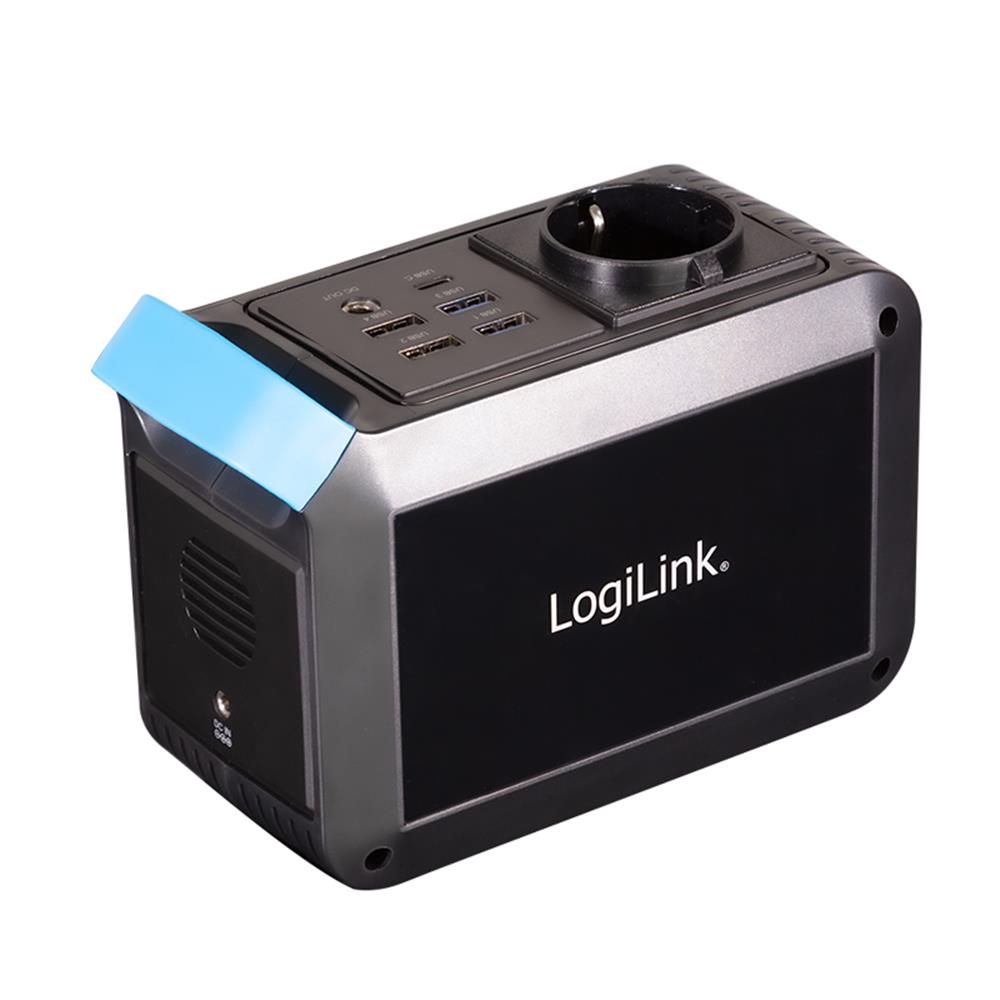 LogiLink Tragbare Powerstation 80 W, 24.000 mAh, 7 Anschlüsse, LED-Licht, Schwarz/Blau