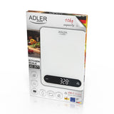 Adler AD 3177WB Küchenwaage Digital 10 kg, Elektronische Haushaltswaage mit Tara Funktion, USB-C aufladbar, Präzisionswaage zum Kochen und Backen, Glaswaage, Weiß