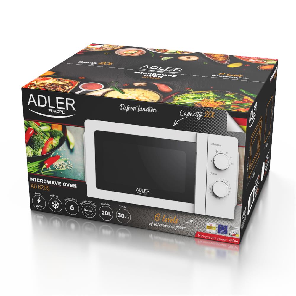 Adler AD 6205 Mikrowelle 700W 20l weiß 5 Stufen Mikrowellenherd Auftaufunktion 30-Min Timer