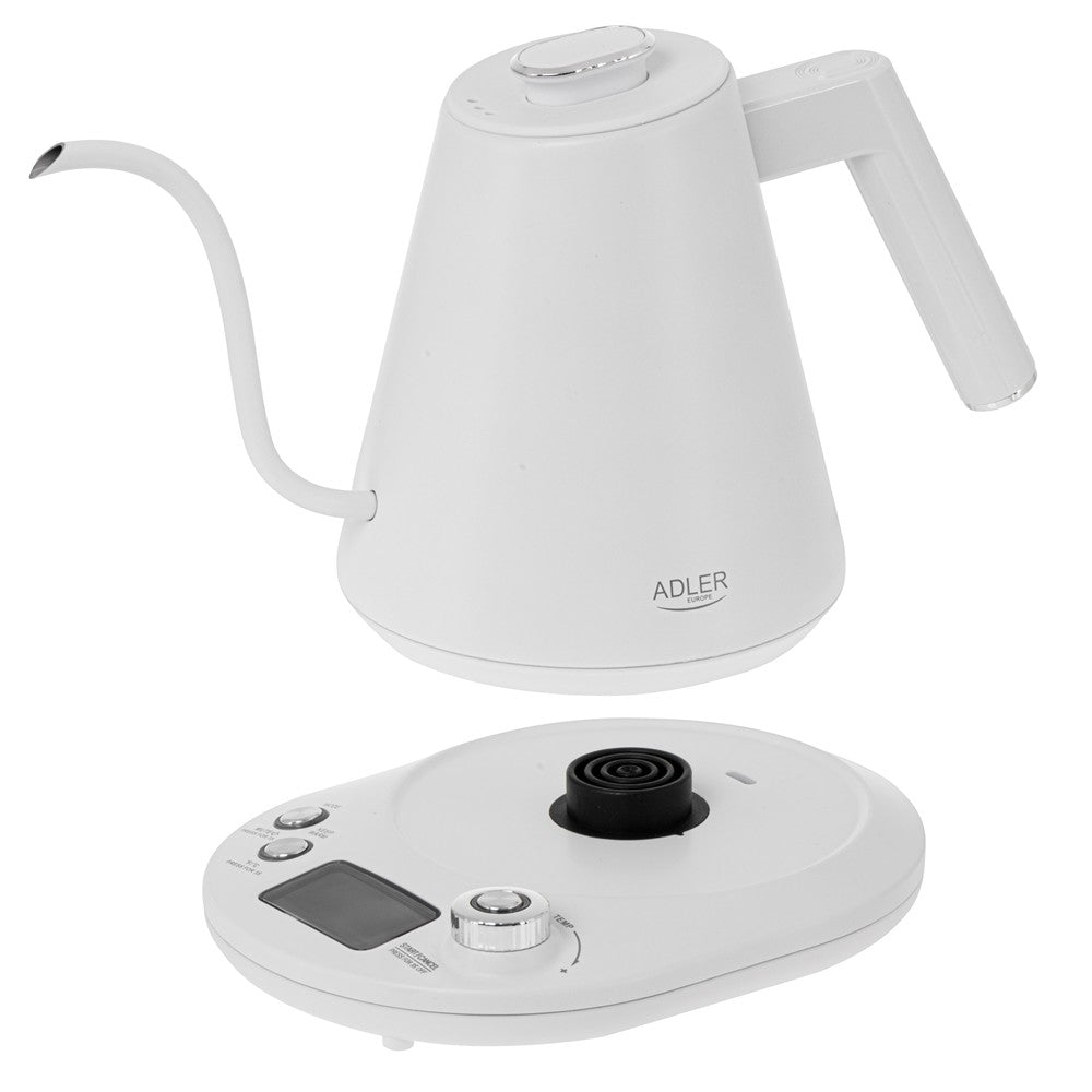 Adler AD 1349 Schwanenhals-Wasserkocher 1 L, elektrischer Schwanenhalskessel mit LED-Display, Temperaturregelung 40-100 °C, Warmhaltefunktion, 360° Basis, Weiß/Silber