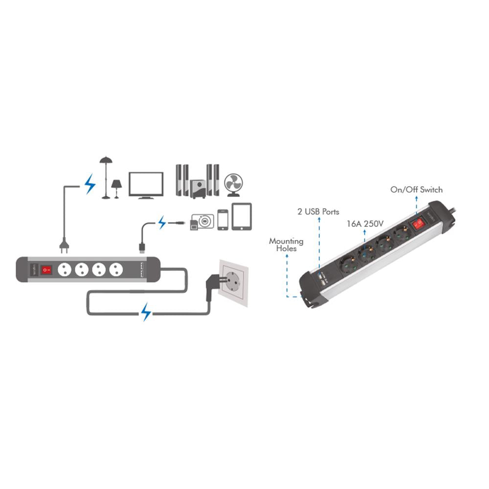 LogiLink Steckdosenleiste 4-fach mit Schalter, 4x Schutzkontakt und 2x USB-A, 1,5m, Schwarz/Silber