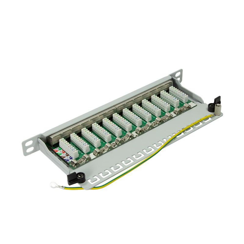 LogiLink Mini Patchpanel Cat.6 12 Ports geschirmt, 10 Zoll Einbau, 0,5 HE, Hellgrau