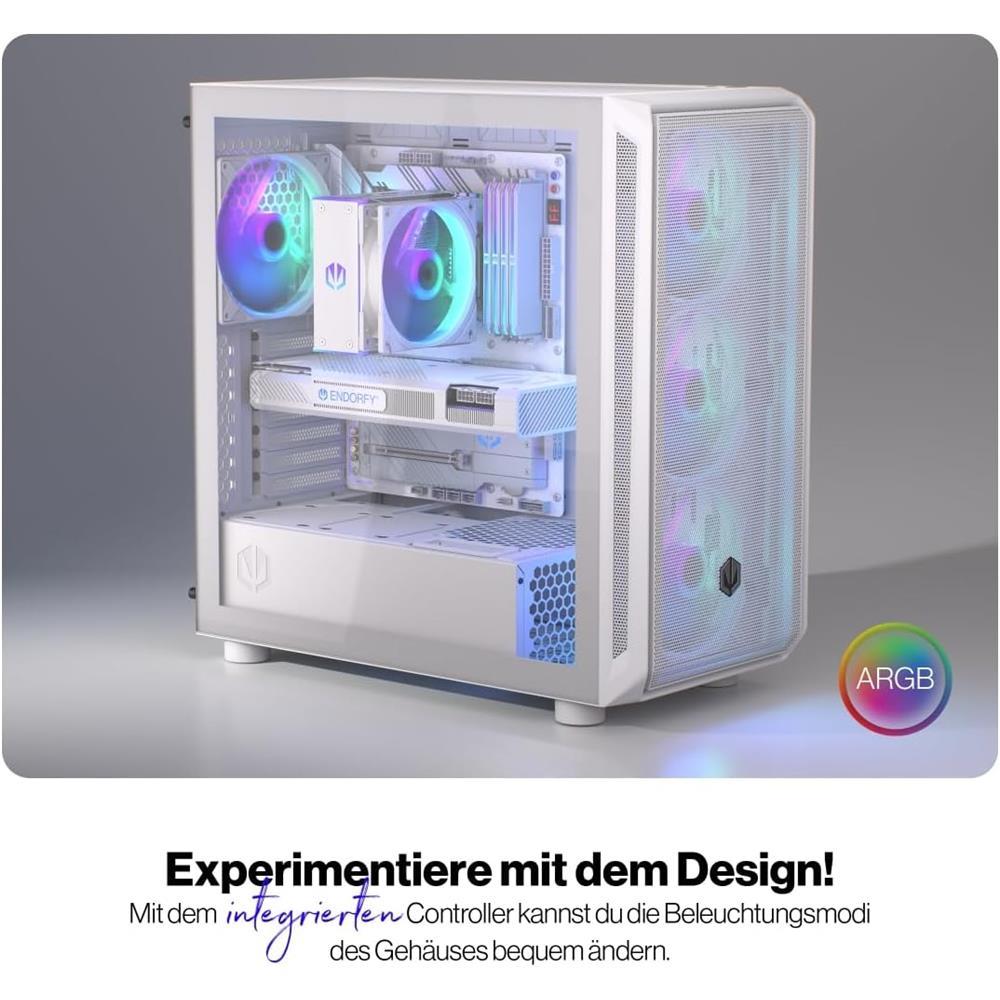 ENDORFY Arx 700 White ARGB, PC-Gehäuse, weiß, mit 4x140-mm-Lüfter, Seitenwand aus gehärtetem Glas