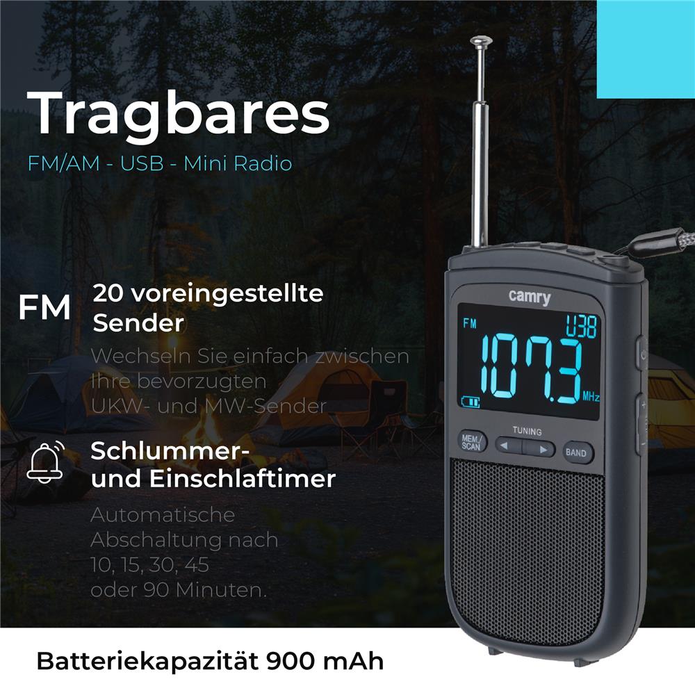 Camry CR 1905 Tragbares Mini Radio USB Taschenradio mit Akku Radiowecker schwarz