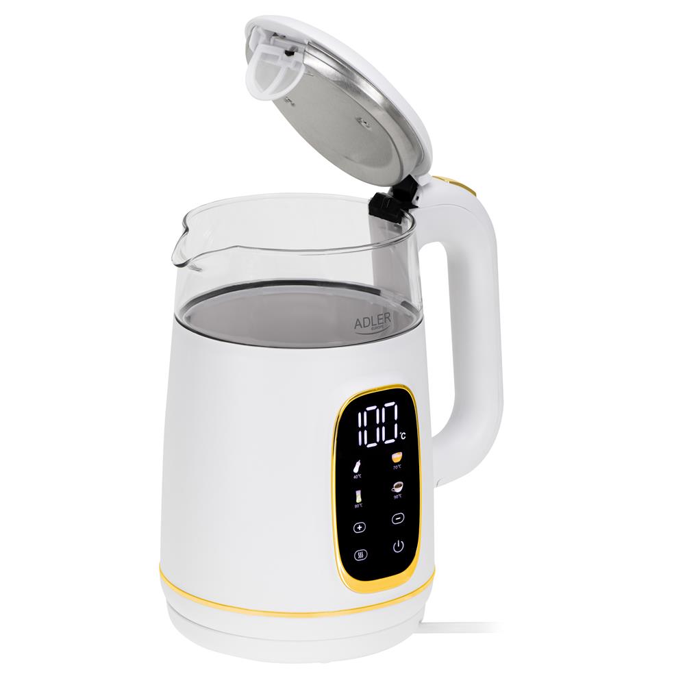 Adler AD 1305 Glas-Wasserkocher 1,7 L mit Temperaturwahl 40–100°C, LED-Display, Warmhaltefunktion 2 Std., 2200 W, Touch-Bedienung weiß gold
