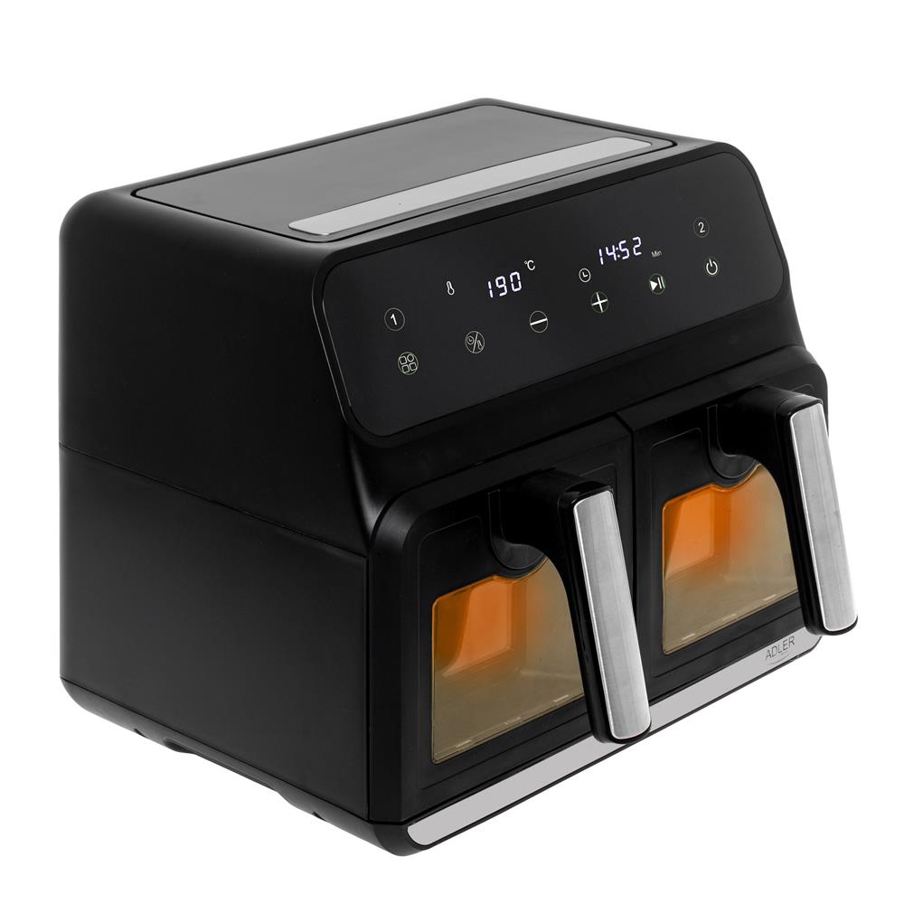 Adler AD 6315 Doppel Heißluftfritteuse mit Sichtfenster 8L Airfryer 2 Fächer schwarz
