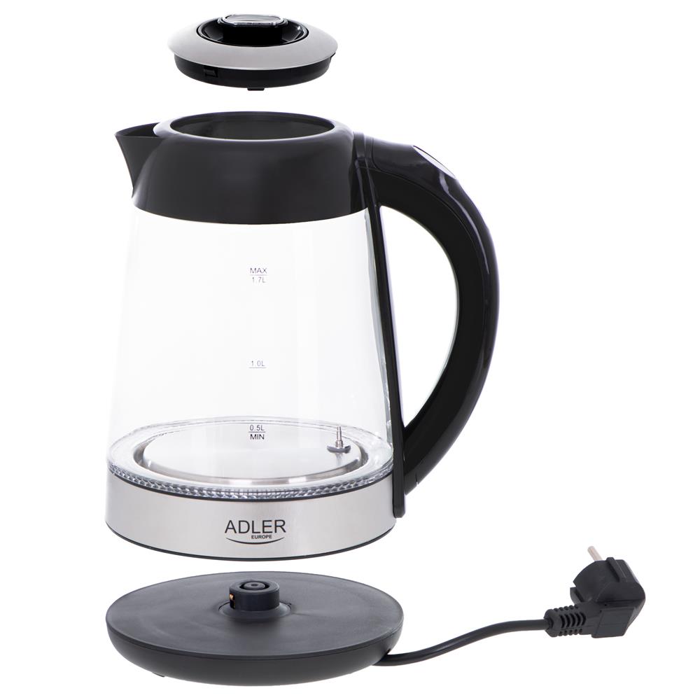 Adler AD 1285 Wasserkocher aus Glas, 1,7 Liter, 2200 Watt, mit LCD-Anzeige und Temperaturregelung