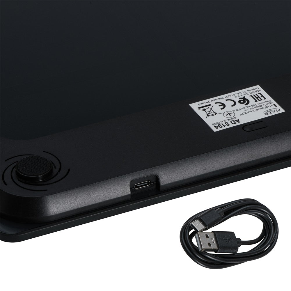 Adler AD 8194B Personenwaage Digital bis 180 kg, USB-C Akku Waage mit LCD Display, 100 g Genauigkeit, Glaswaage für Bad & Körpergewicht, Schwarz