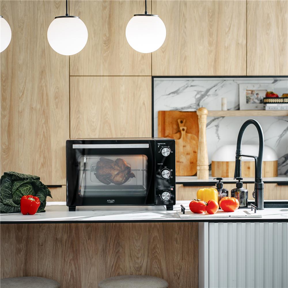 Adler AD 6025 Elektrobackofen, 35L, Oberhitze, Unterhitze, Umluft, Drehspieß, schwarz