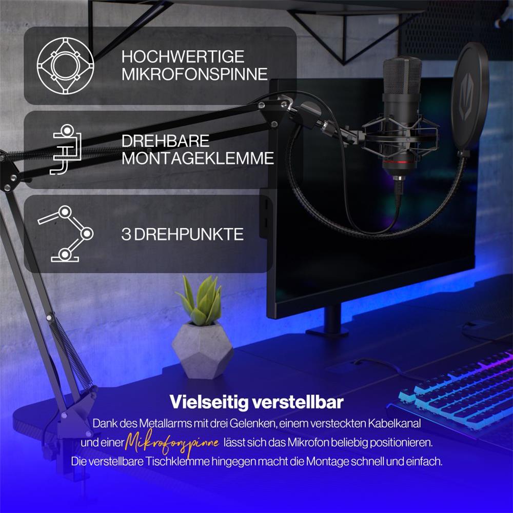 ENDORFY Solum USB Mikrofon Schwarz mit Anti Shock Montage und Gelenkarm