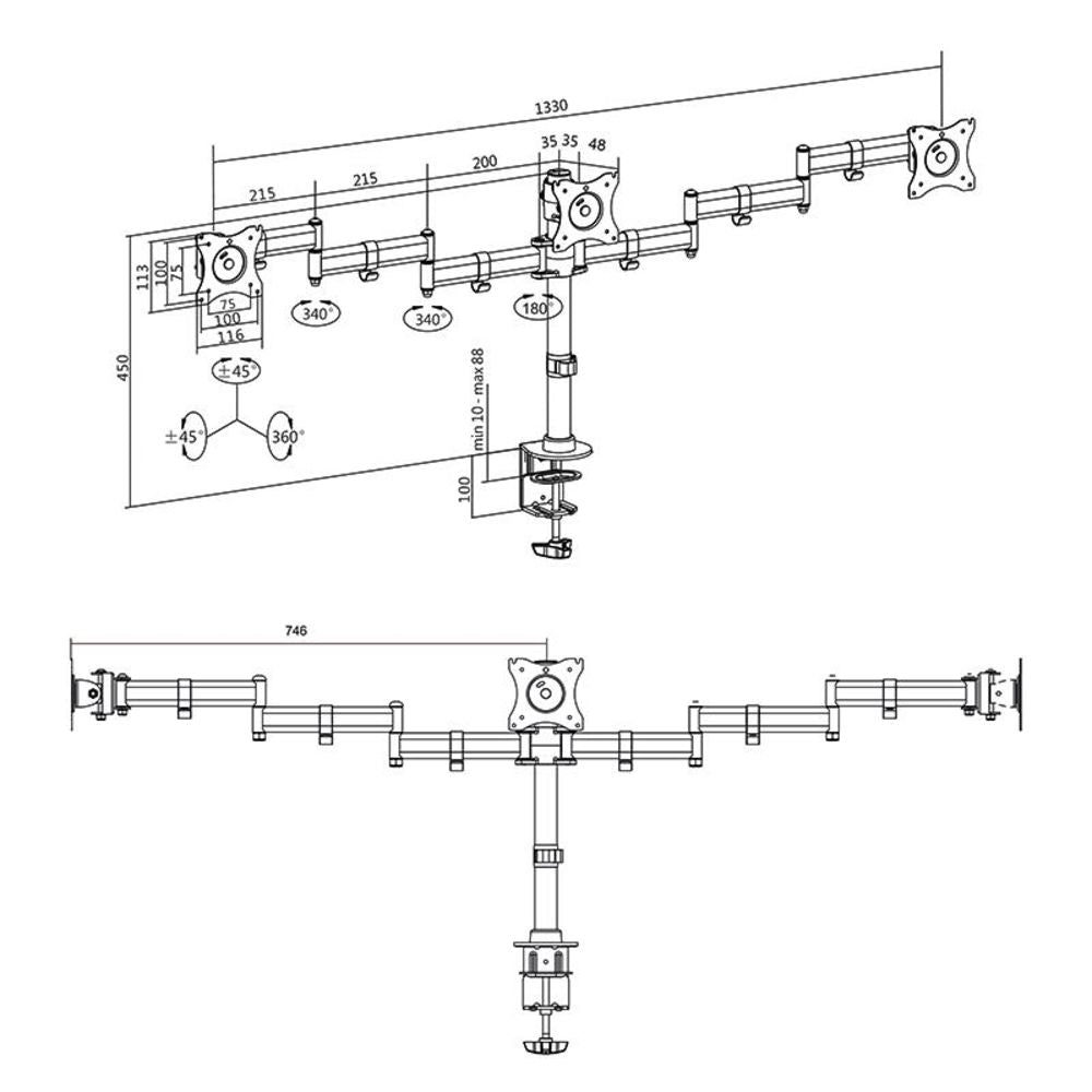 LogiLink 3-fach Monitorhalterung 13–27" Zoll Stahl Armlänge 746 mm