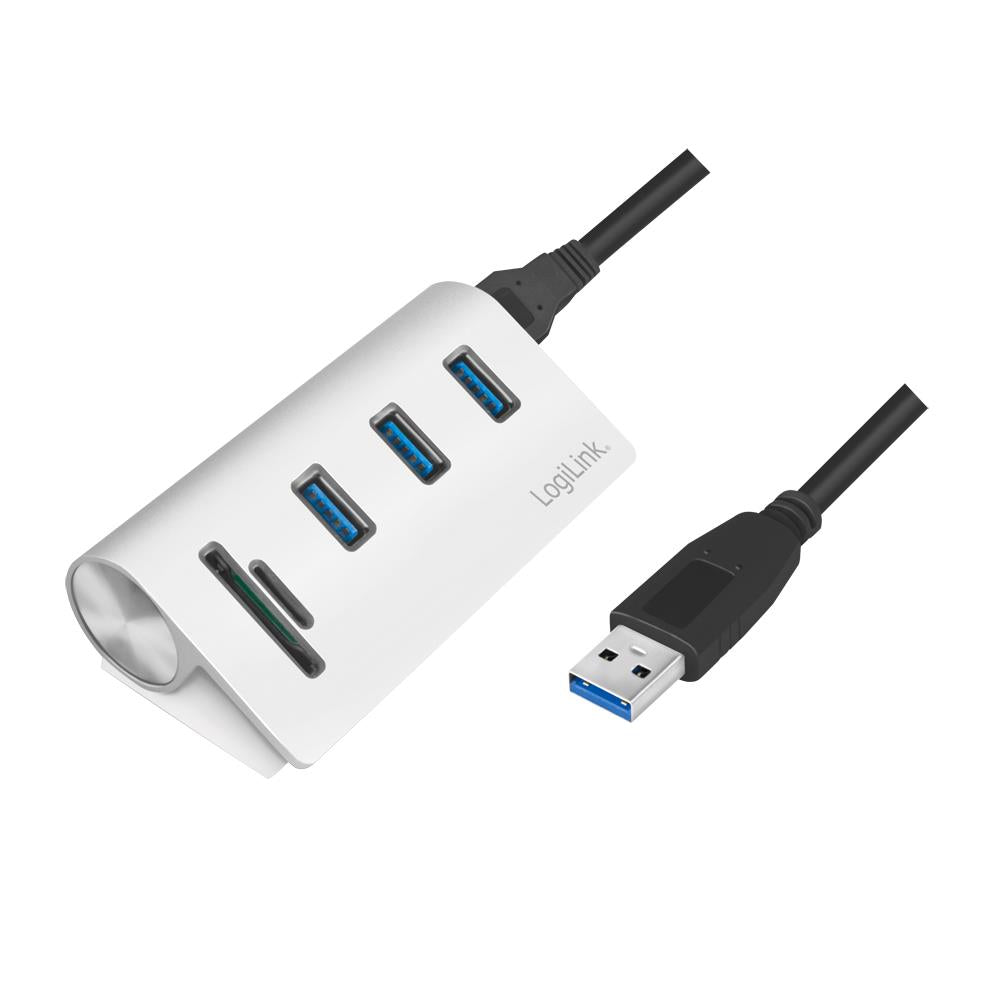 LogiLink USB 3.0 3-Port Hub mit Kartenleser und Aluminiumgehäuse Silber