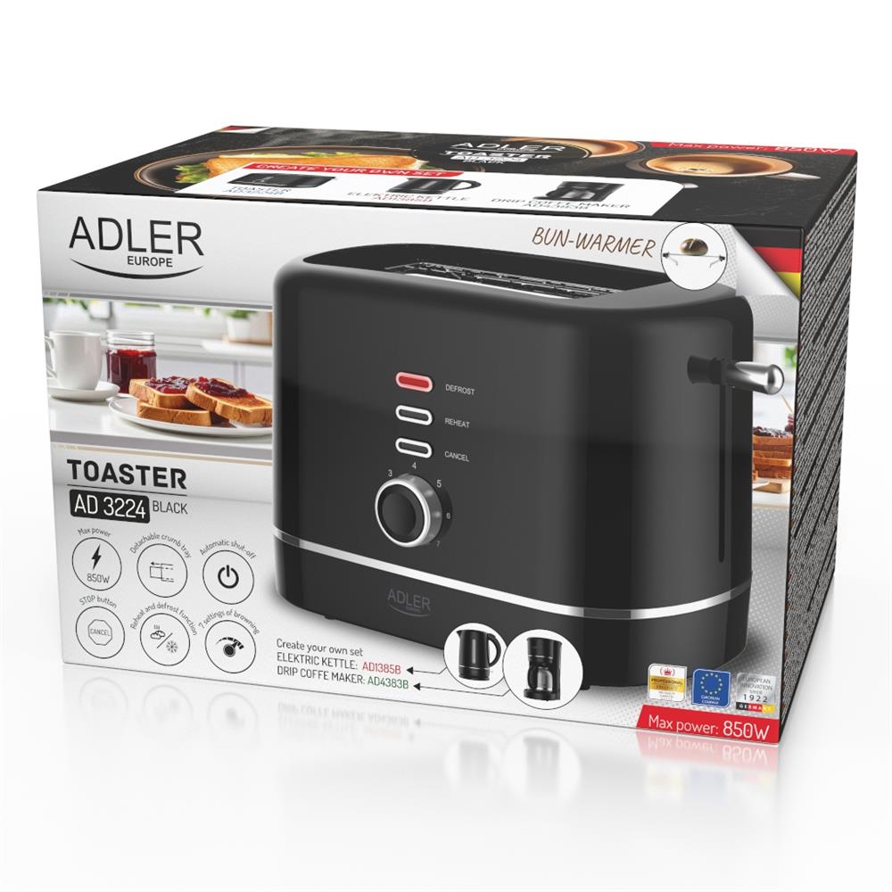 Adler AD 3224 Toaster Schwarz mit Brötchenaufsatz und 7 Stufen