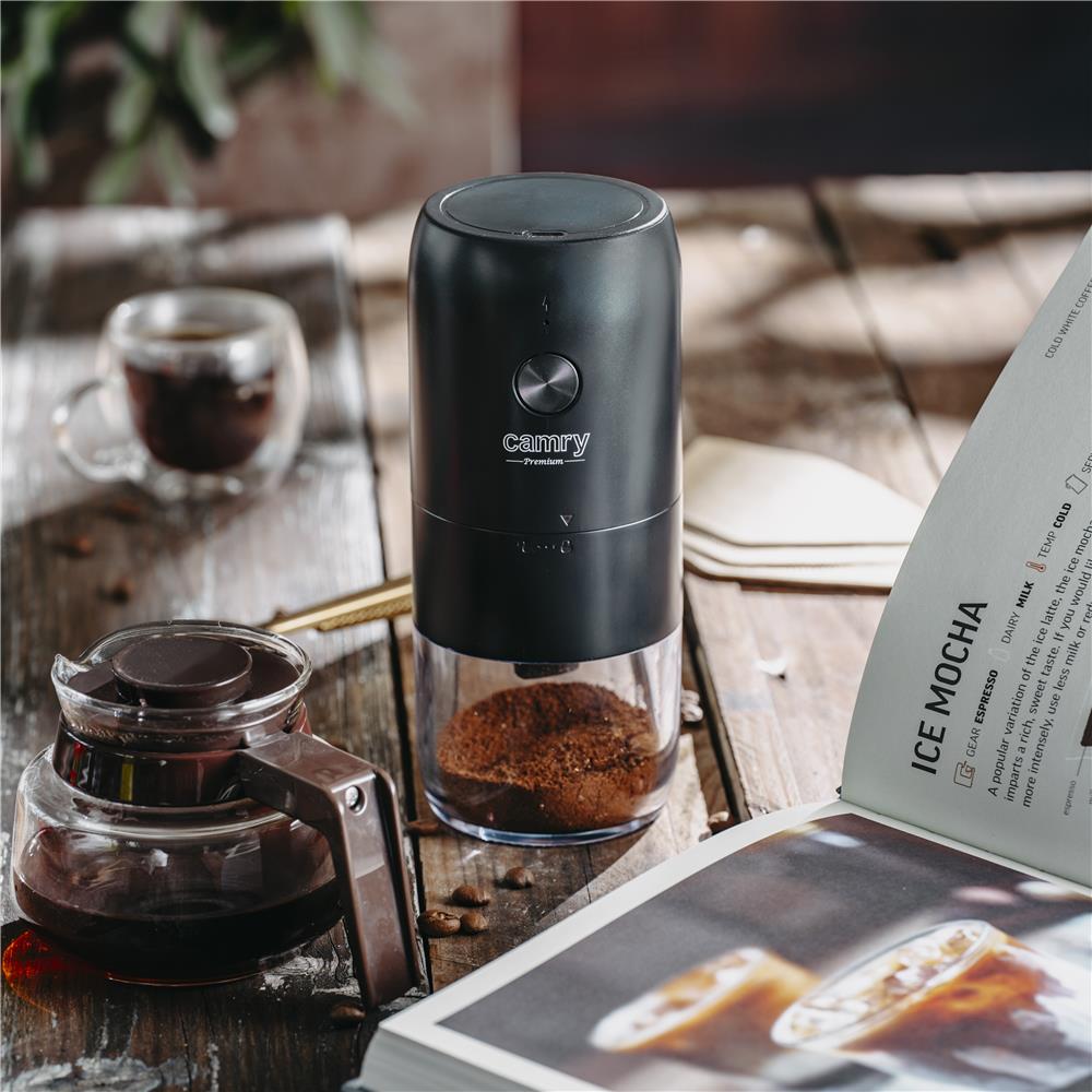 Camry CR 4302 kabellose elektrische USB-Kaffeemühle mit Keramikfräser, Akku, schwarz