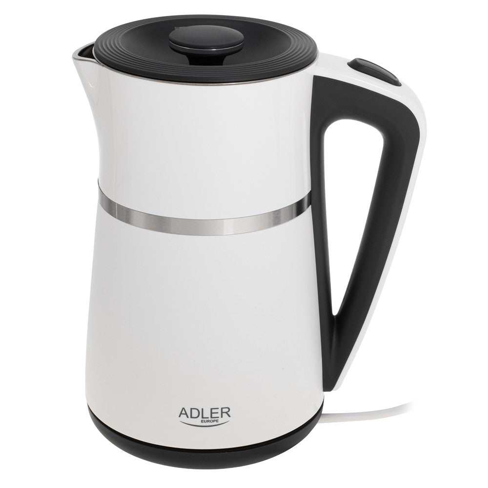 Adler AD 1355 Wasserkocher 1,7 Liter elektrischer Wasserkocher mit Doppelwand-Gehäuse, Edelstahl-Innenraum, 360° Basis, abnehmbarem Deckel, Trockenlaufschutz weiß