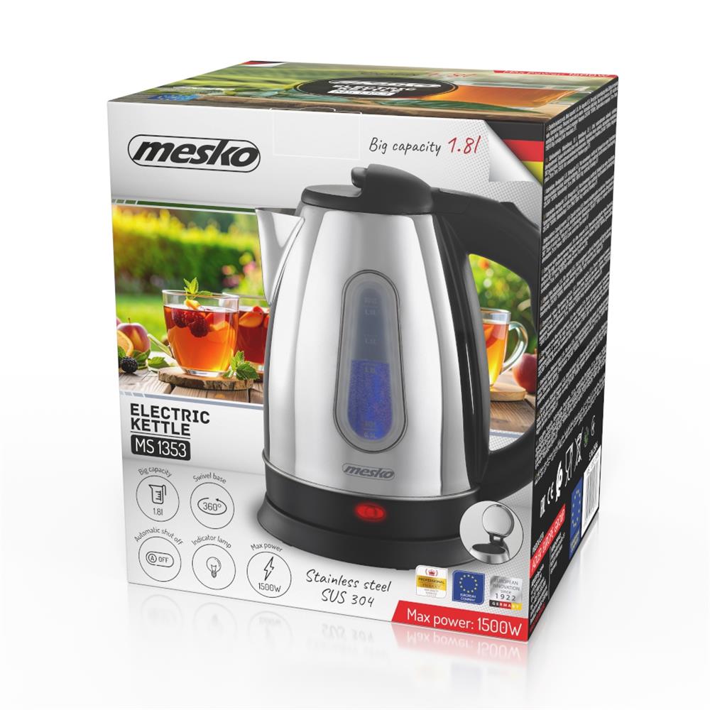 Mesko MS 1353 Wasserkocher – Edelstahl, 1,8 L, Trockenkochschutz & automatische Abschaltung