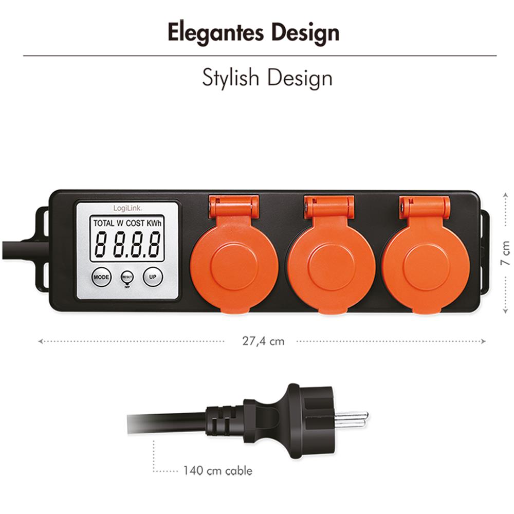 LogiLink 3-fach Außensteckdosenleiste mit Energiekostenmesser & IP44 – Stromverbrauch im Garten messen