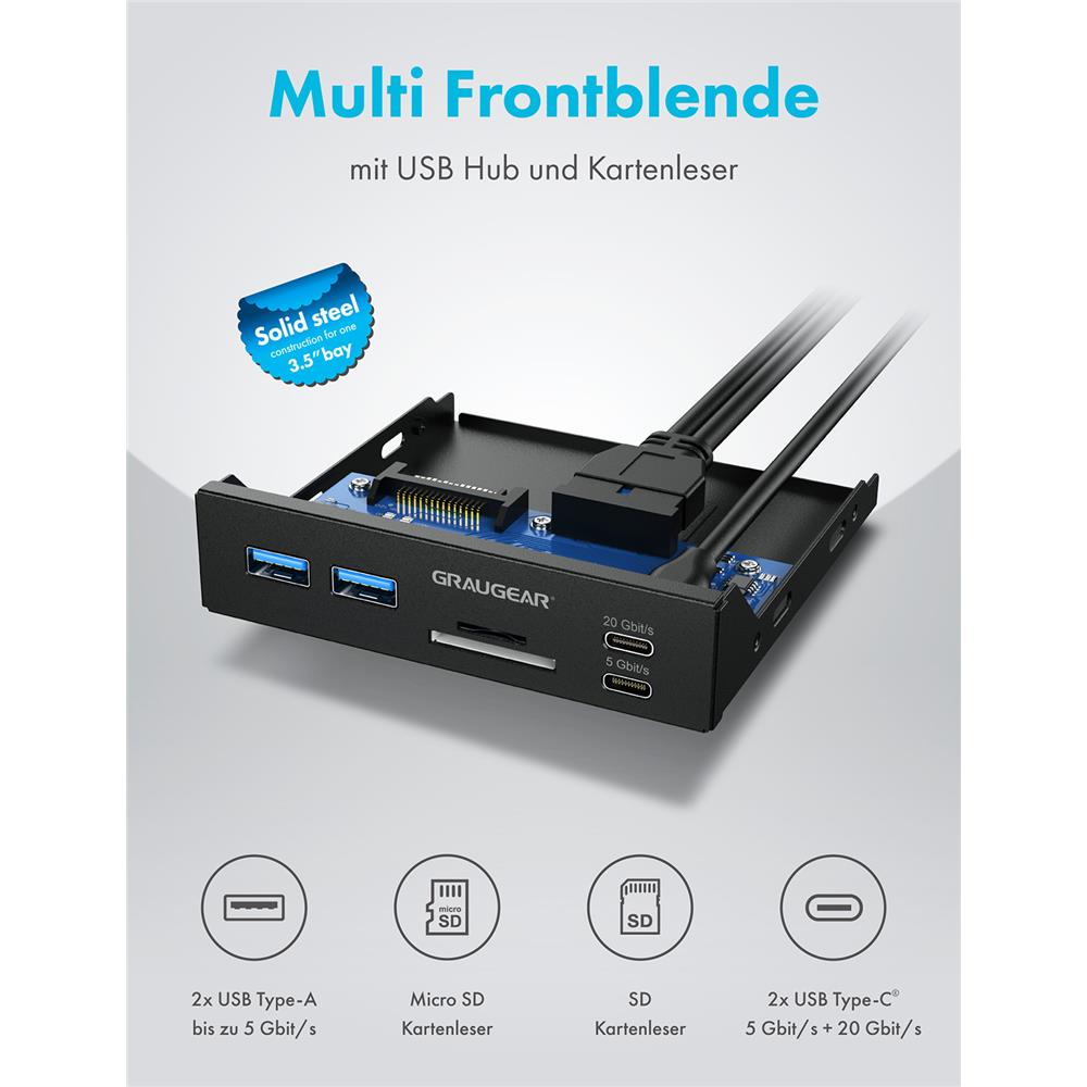 GRAUGEAR Multi Frontblende mit USB Hub Kartenleser Front Panel 2 x USB--C 20 Gbit/s 2 x USB-A Frontpanel 3,5" Schacht USB3.2 Gen2 Key-A 20 pin