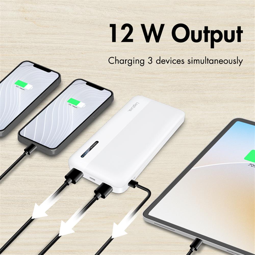 LogiLink Powerbank 10.000 mAh, 2× USB-A, 1× USB-C, Schnellladen, Weiß