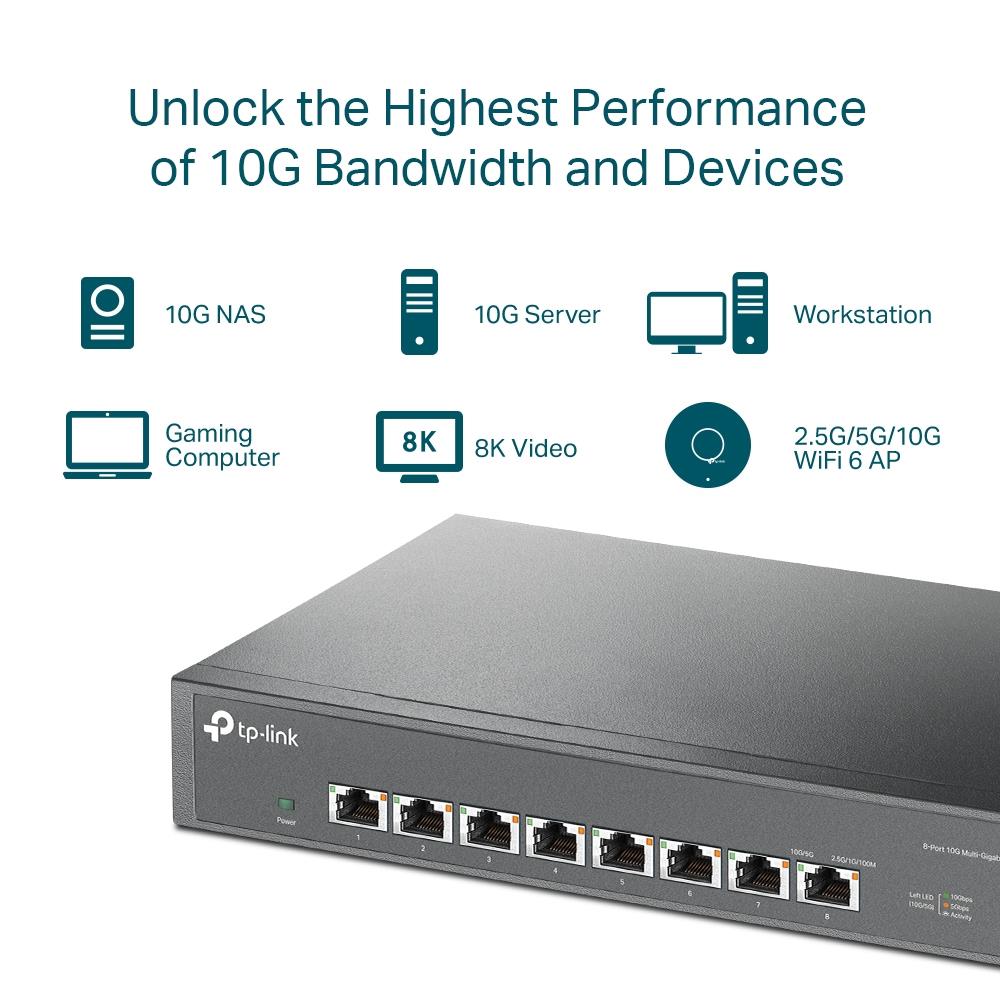 TP-Link TL-SX1008 8-Port 10G Multi-Gigabit Switch – Desktop/Rackmount, 160 Gbps, leiser Lüfter